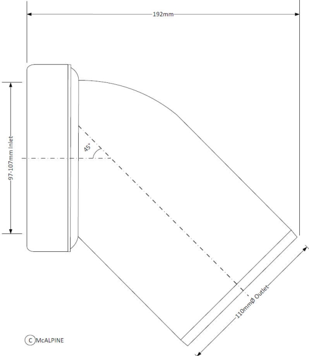 Technische Maßzeichnung eines WC-Verbinders / Anschlussbogens 45° aus weißem Kunststoff. DN100 mit Ø110 mm Anschluss geeignet für WC-Abflussinstallationen. Sanitär-Anschlussbogen zur Verbindung von WC und Abwasserleitung